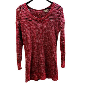 Lucky Brand Women’s Sweater Red Lace Up Back Tunic Open Knit Sweater Medium